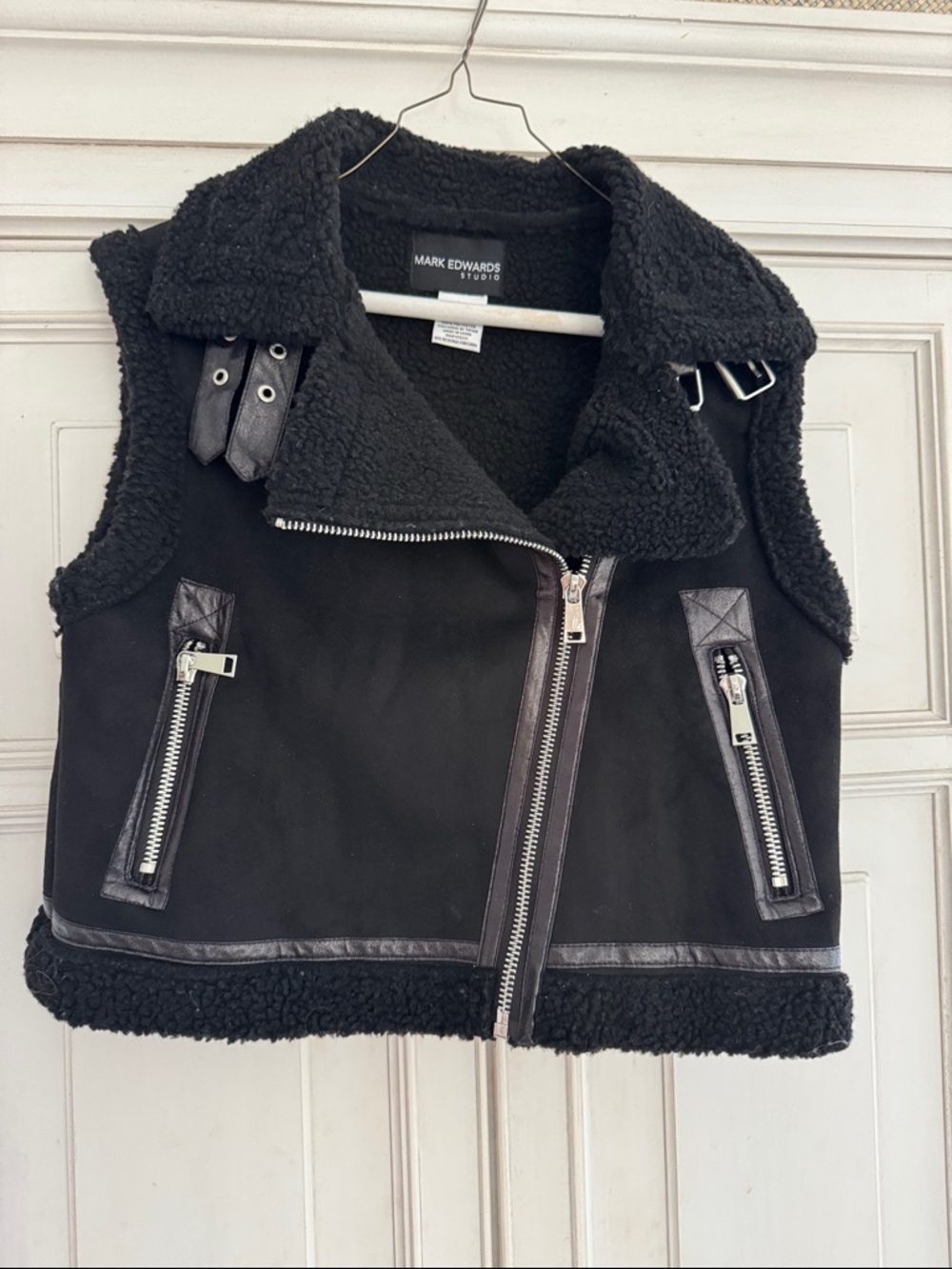 Black Faux-Shearling Biker Vest
